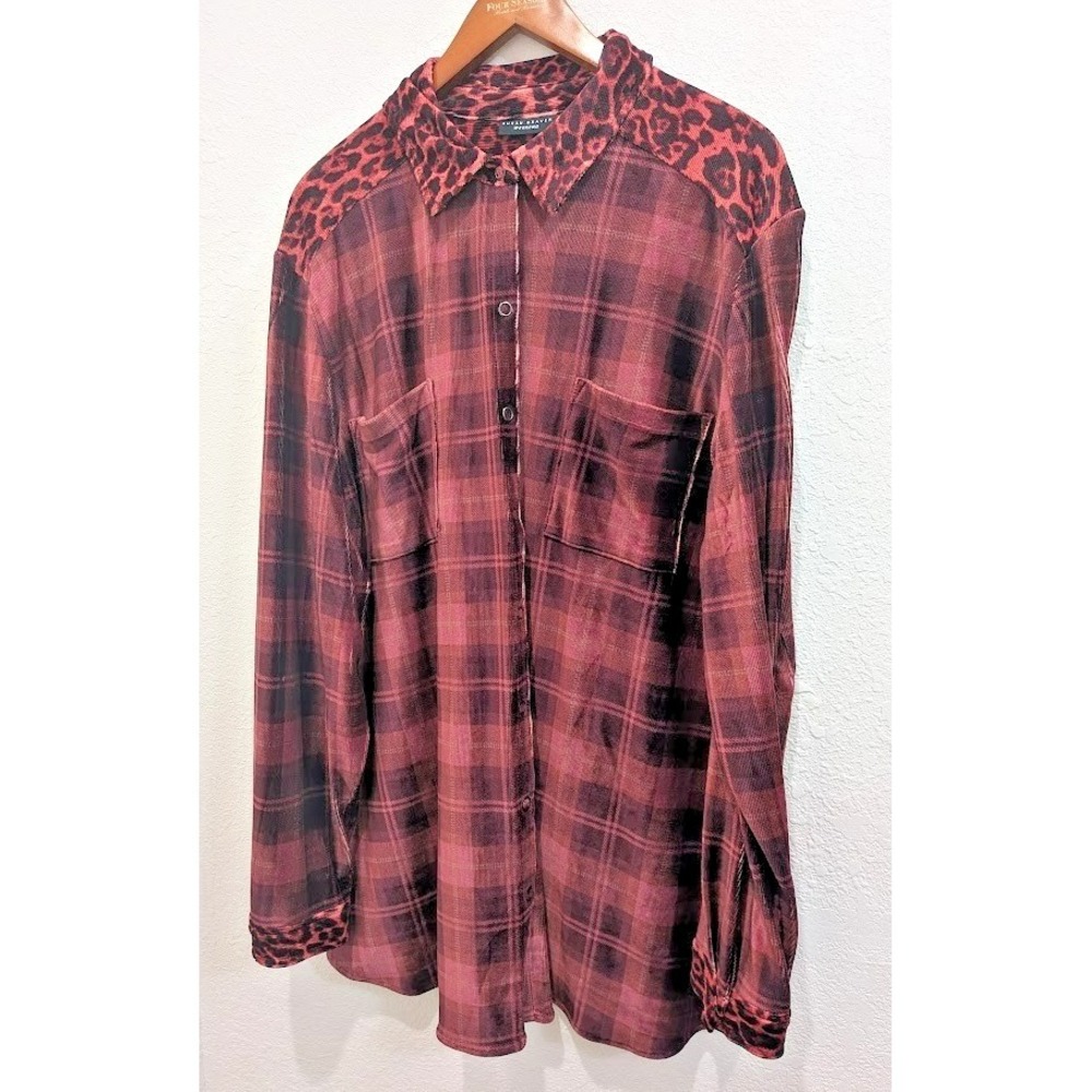 Susan Graver Weekend Snap Up Shirt Womens 2XL Burgandy Plaid Leopard Velvet Feel